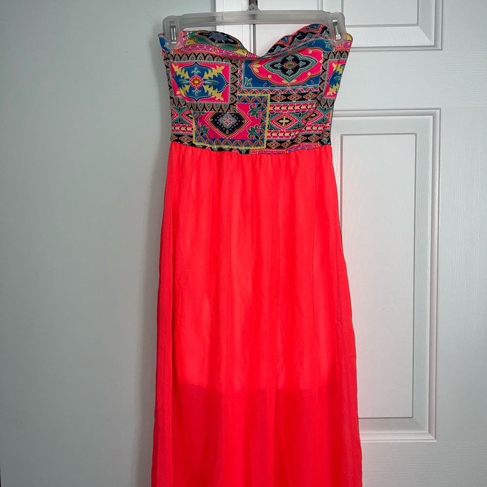 Strapless Neon Coral Maxi Dress with Embroidered Multicolor Bust